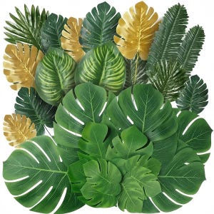30 Pieces 8 Kinds Artificial Tropical Leaf Jungle Leaves ecorations Palm with Stems for Hawaiian Party Beach Birthday Decorations
