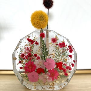 Handcrafted Decorative Vase, Pressed Flowers Gold Leaf Vase, Resin Flower Tube Vase