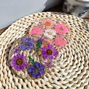 Handmade Dried Flower Resin Coasters, Real Pressed Floral Drink Coaster Set, Aesthetic Purple & Pink Gold Leaf Decor Gift for Her